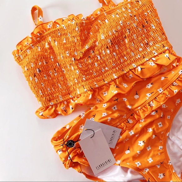 NWT 🌼 Floralkini Orange Ruffle High Waist Bikini - Picture 3 of 8